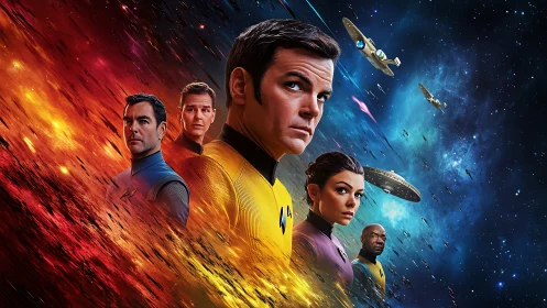 Stellar crew portrait amid fiery rift and cool nebulae.