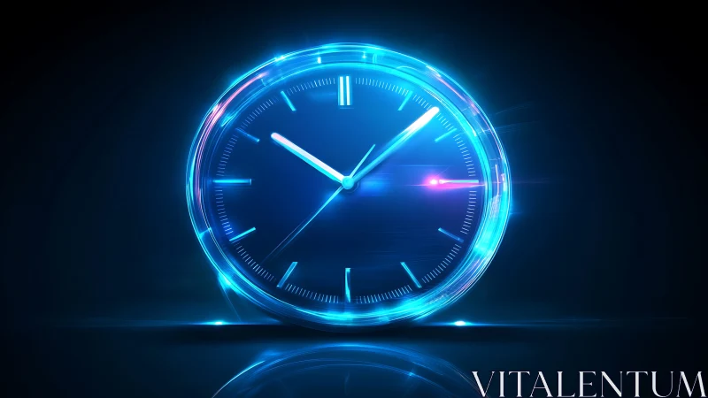 Luminous blue analog clock is rendered with digital light effects