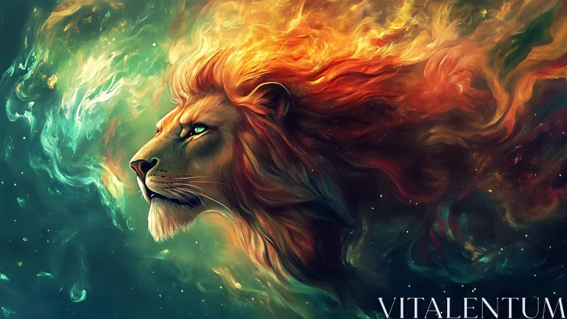 Digital lion profile integrates with abstract fiery nebula