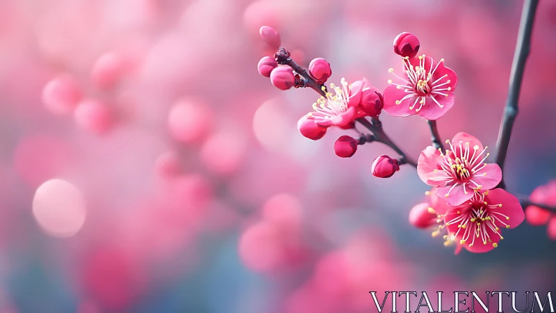 Pink Plum Blossoms with Unopened Buds in Soft Focus Bokeh.