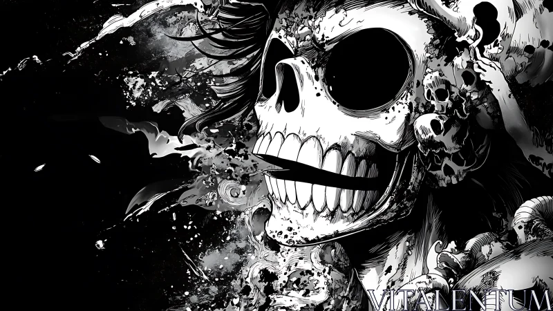 Monochrome demonic skull eruption with splatter dynamics.