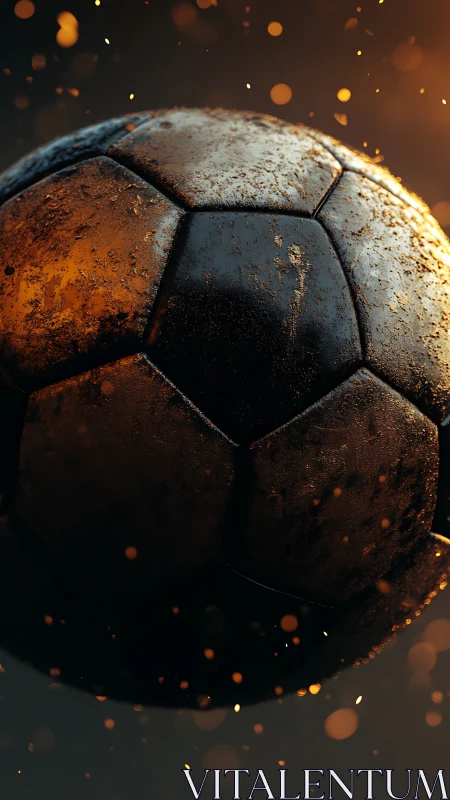 Close-up render of worn soccer ball with glowing particles.