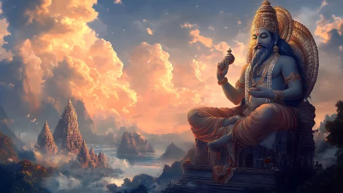 Majestic blue deity above mythic mountain temple realm.