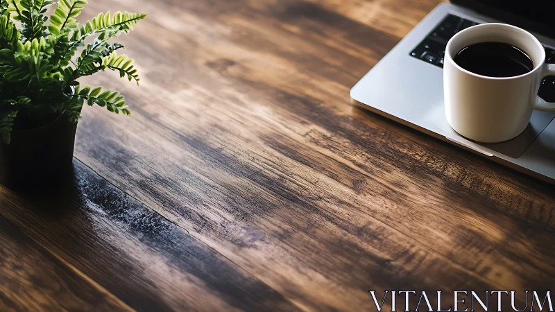Polished wooden desktop shows laptop corner, coffee mug and plant