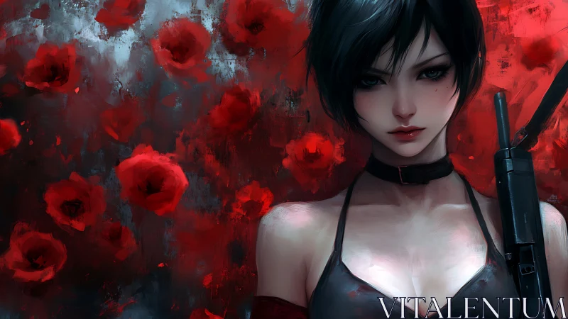 Crimson petals and quiet resolve surround a watchful heroine.