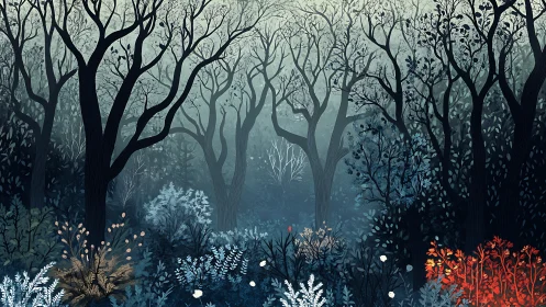 Luminous Woodland Reverie: Glowing Flora in Misty Forest.