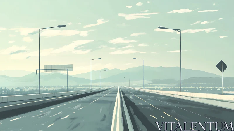 Empty highway stretches toward hazy blue mountains at dawn