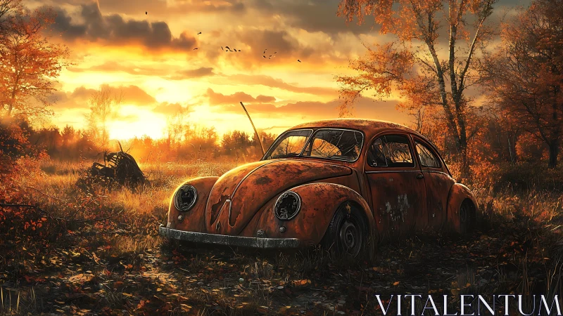 Rusty vintage car rests softly in a golden autumn sunset
