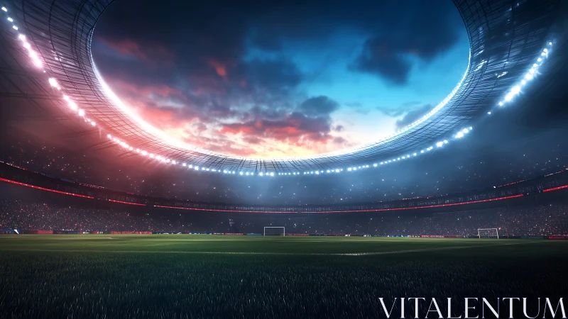 Glowing evening soccer stadium waiting for the big kickoff.