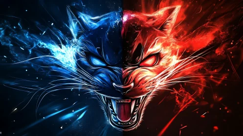 Bipartite feline face in blue and red energy contrast.