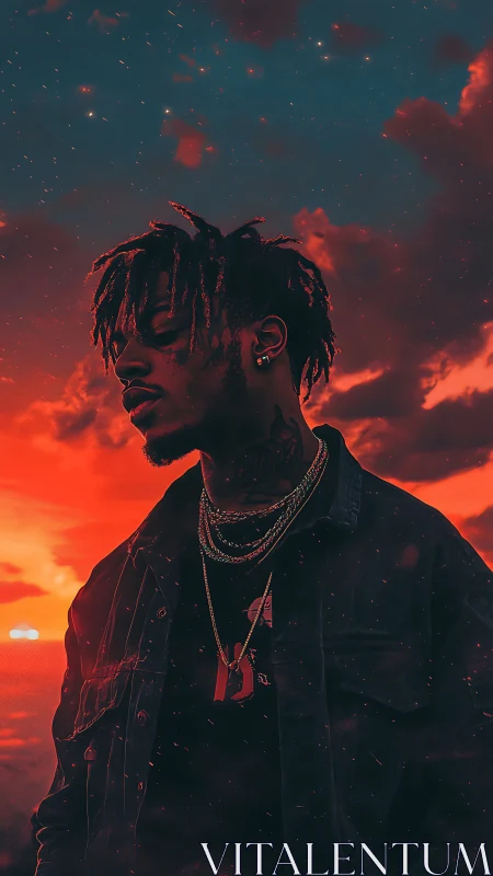 Backlit portrait under high-contrast cyan-red cinematic sunset sky