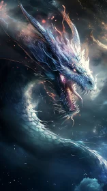 Stormlit ice dragon rearing above dark swirling clouds.