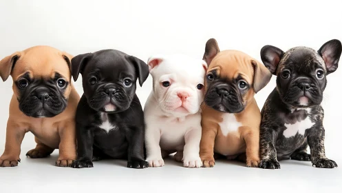 Five French bulldog puppies line up against clean white background
