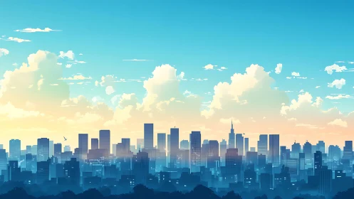 City skyline shows layered blue towers under bright clouds