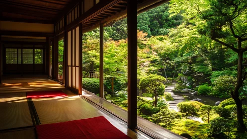 Sunlit tatami corridor opening onto a whispering zen garden.