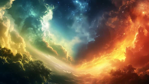 Radiant sky bridges cool cosmic blues and glowing firelight clouds