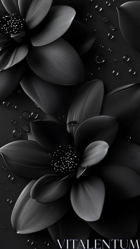 Monochrome Flowers with Water Droplets: Serene Black and White Blooms