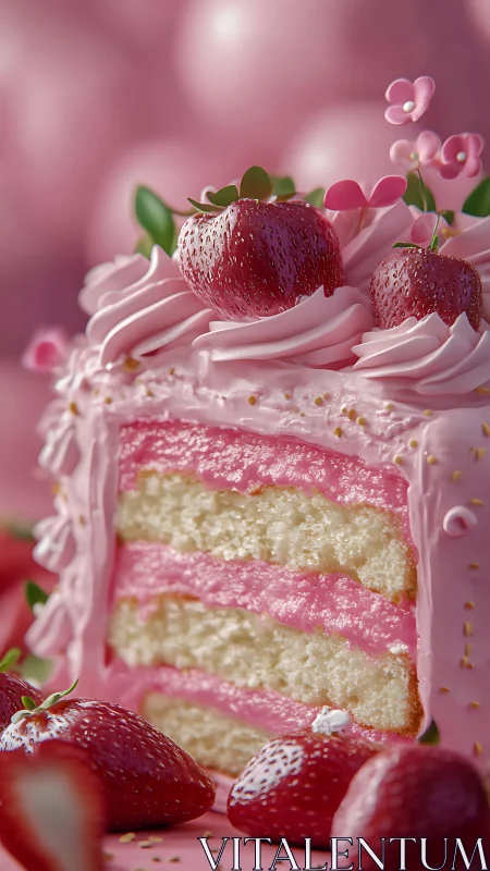 Sliced layer cake with pink frosting and fresh strawberries displayed in close-up