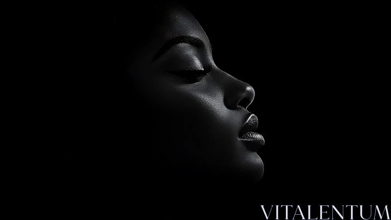 Side-lit serene profile emerges from deep blackness.