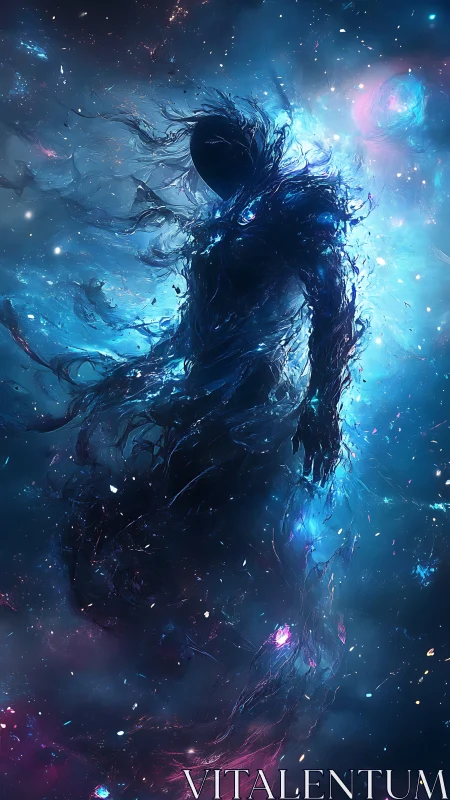 Cosmic silhouette formed from swirling nebula energy.