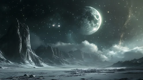 Lunar-lit glacial exoplanet landscape in cinematic 3D panorama.