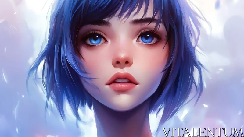 Blue haired young woman portrait in soft digital light.