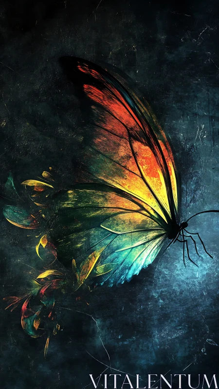 Chromatic butterfly wing under luminous textural decay.