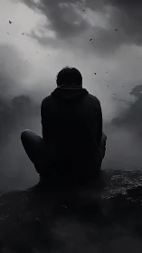 Solitary figure quietly watching storm clouds roll overhead