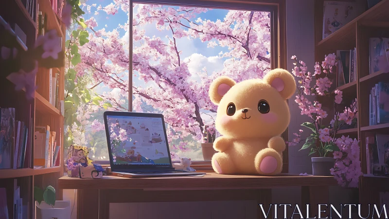 Blossom window bear guarding a pastel powered laptop daydream.