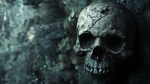 Weathered human skull against corroded stone wall background