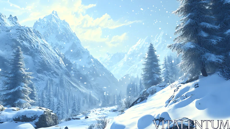 Glaciated alpine valley under diffuse winter backlighting.