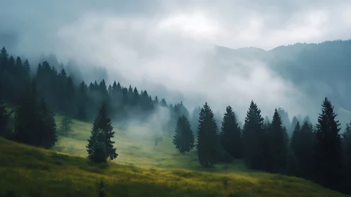 Forested valley with fog and coniferous trees under overcast sky