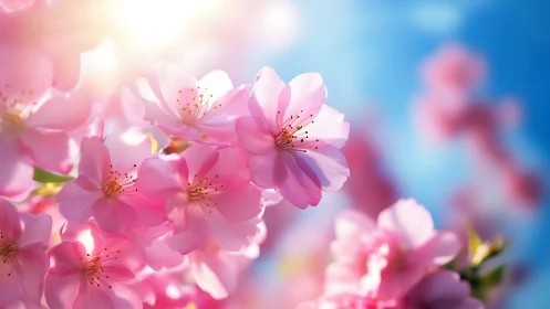 Pink flowering blossoms against blue sky gradient background