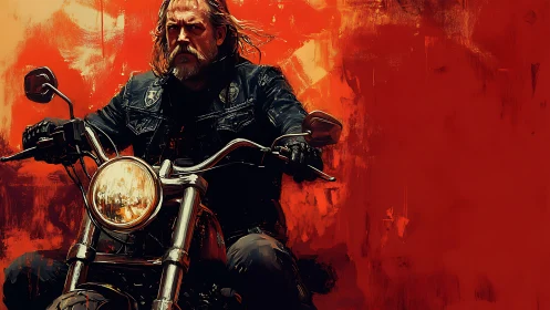 Road-worn rider cutting through a blaze of sunset red.