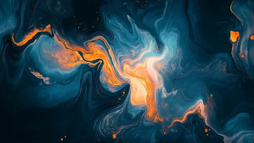 Abstract fluid pattern with teal, blue and orange forms.