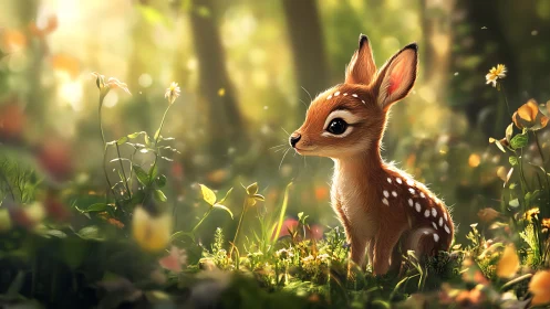 Gentle baby fawn resting in a golden, flower-filled forest.