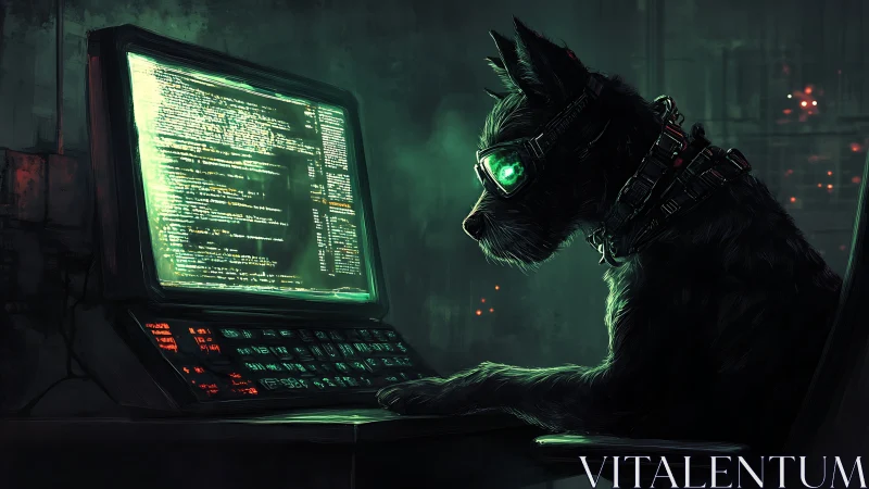 Cyberpunk coding dog at glowing retro computer console.