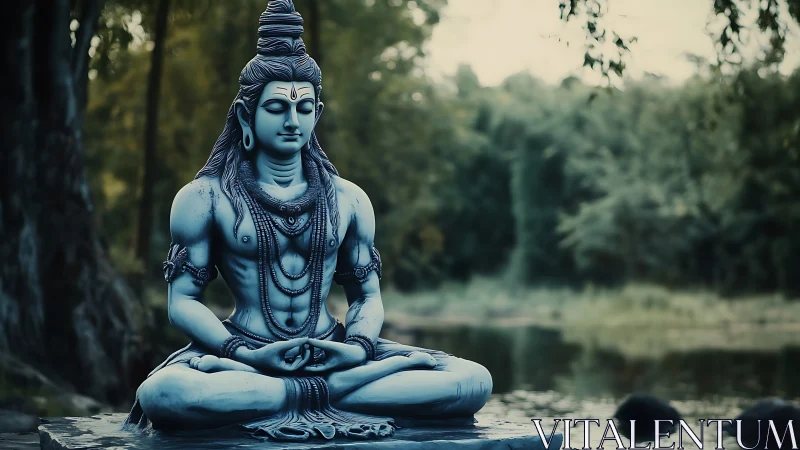 Stone seated deity figure near forest water body.