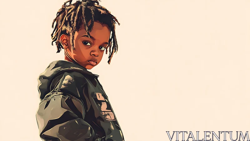 Young child portrayed with confident demeanor and styled hair.