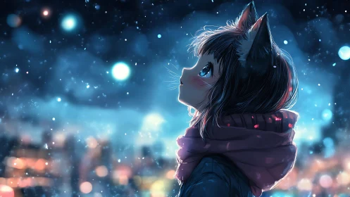 Winter night cat-eared girl gazes up into softly falling snow