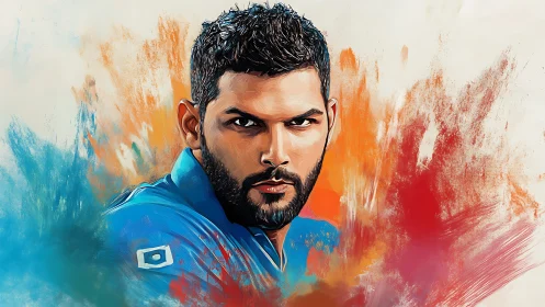 Intense male portrait in blue shirt with bold color bursts.