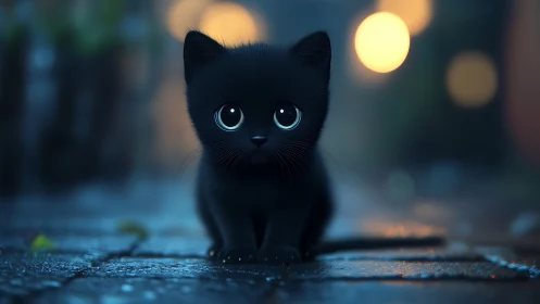 Luminous Black Kitten Portrait with Ethereal Bokeh Ambient.