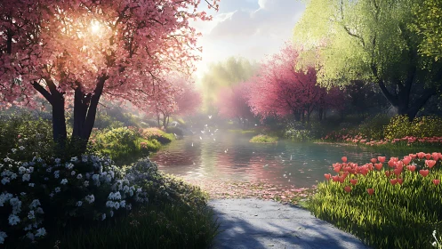Spring blossoms glow around a tranquil, petal-dusted river