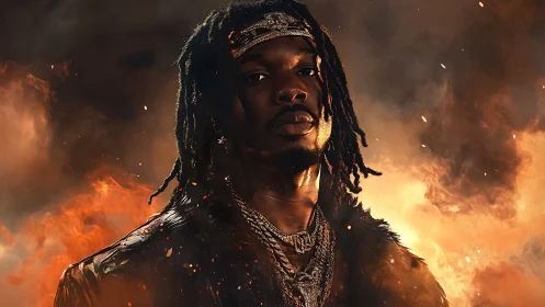 Golden firelit portrait of a confident hip hop trailblazer.