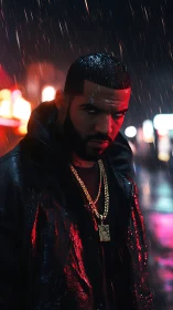 Brooding man in neon rain with cinematic red rim light.