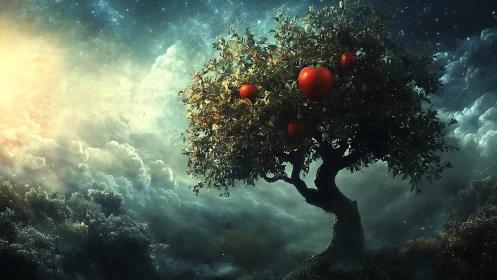 Luminous celestial orchard with heart-shaped fruit under nebula sky.