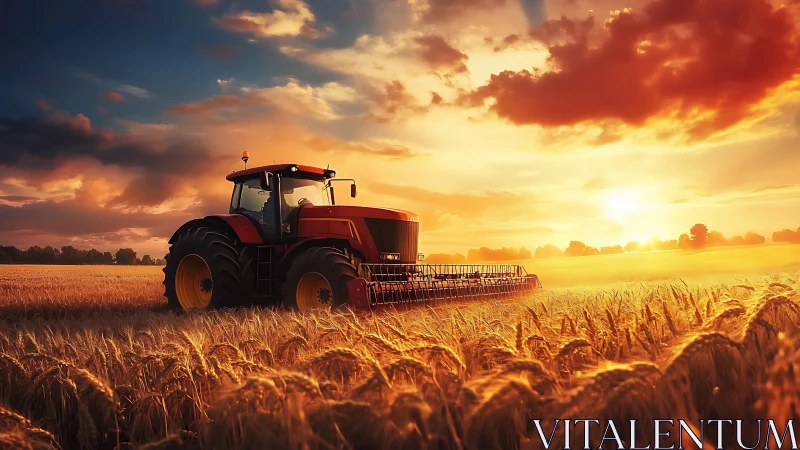 High-power red tractor harvesting wheat under volumetric sunset light