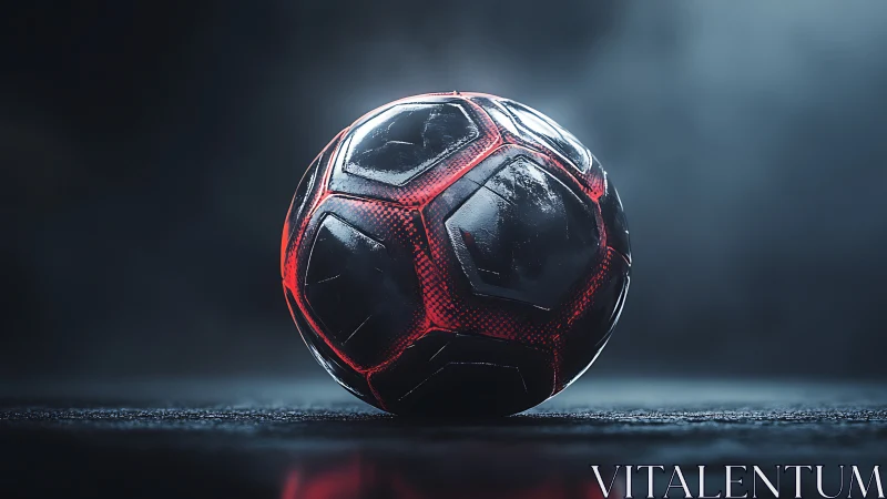 Black and red soccer ball rendered with cinematic rim lighting