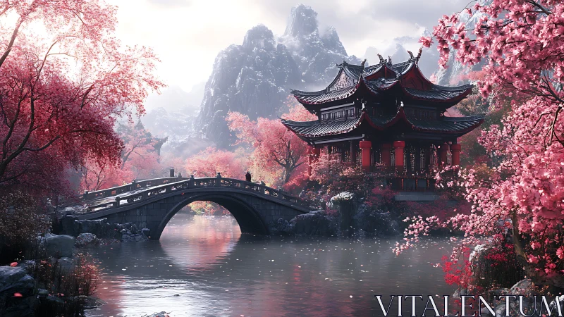 Serene temple and arched bridge rest in pink spring mist