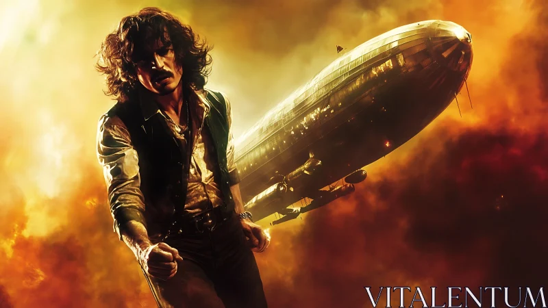 Rock frontman strides under burning sky beside airship